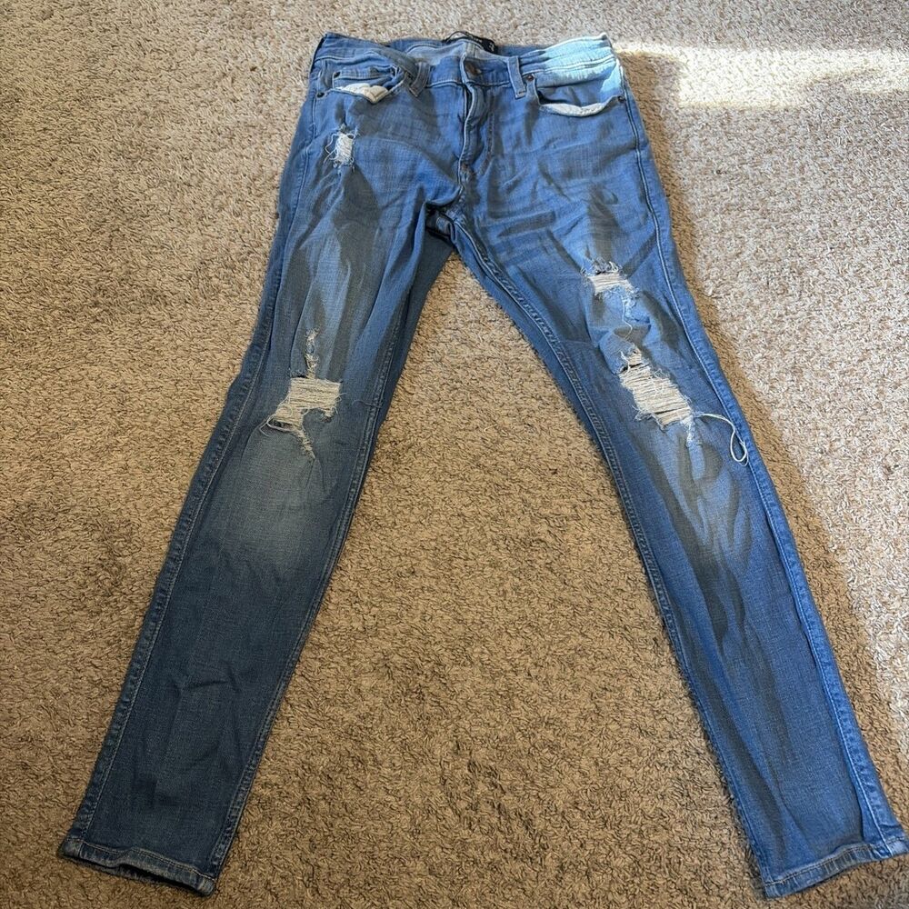 Hollister Mens Blue Denim Distressed 5-Pocket Super Skinny Jeans Size 31/30